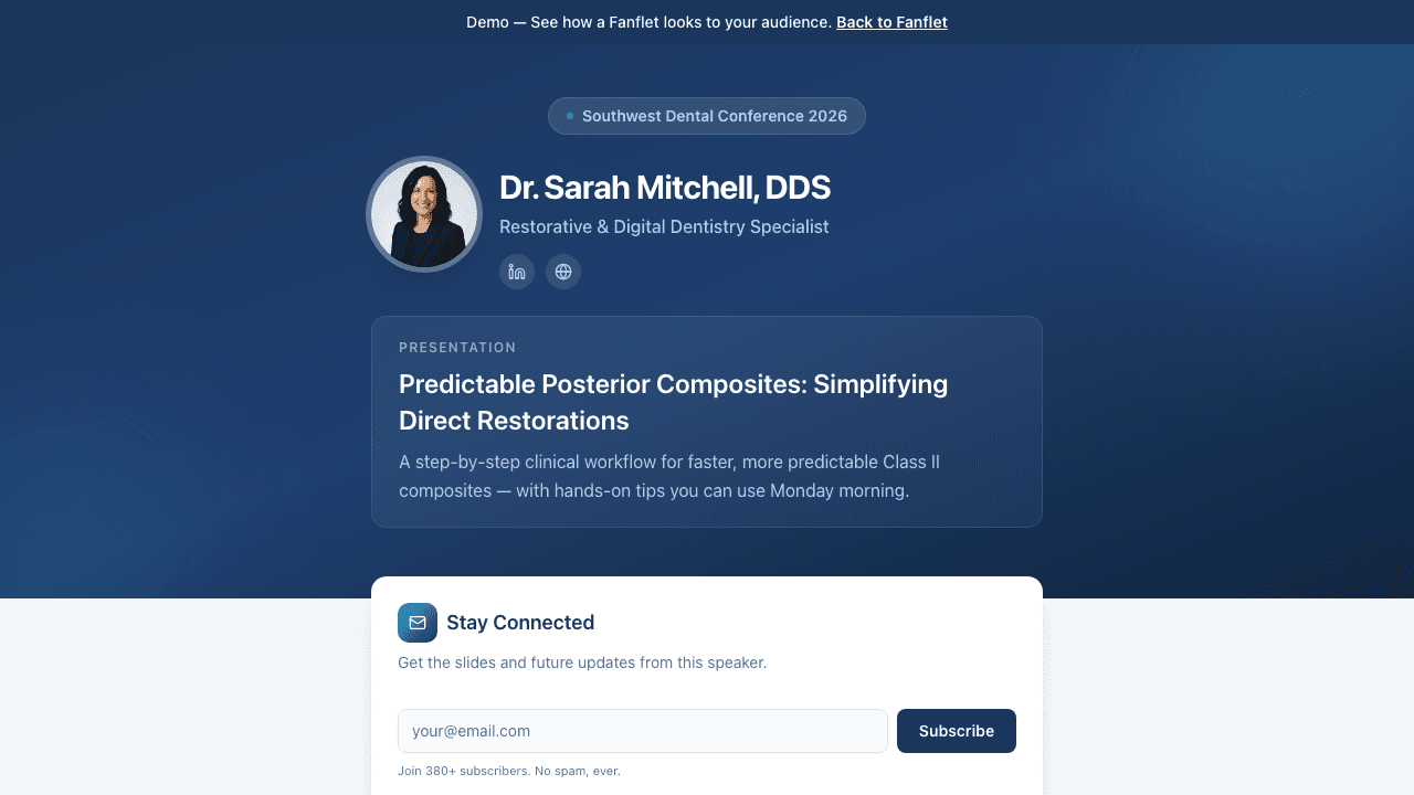 Fanflet public landing page showing speaker profile, presentation details, email subscribe, and resource cards