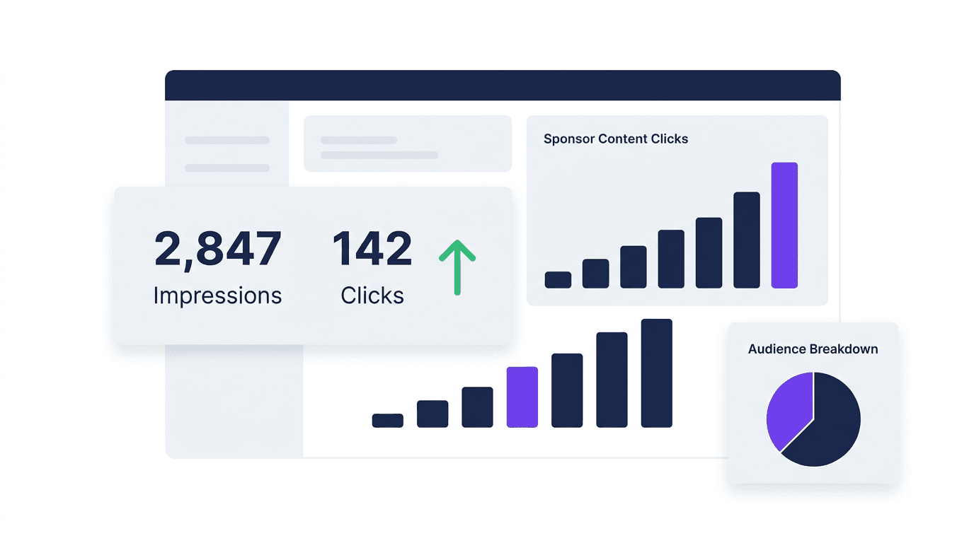 Sponsor analytics dashboard showing content clicks, impressions, and audience breakdown